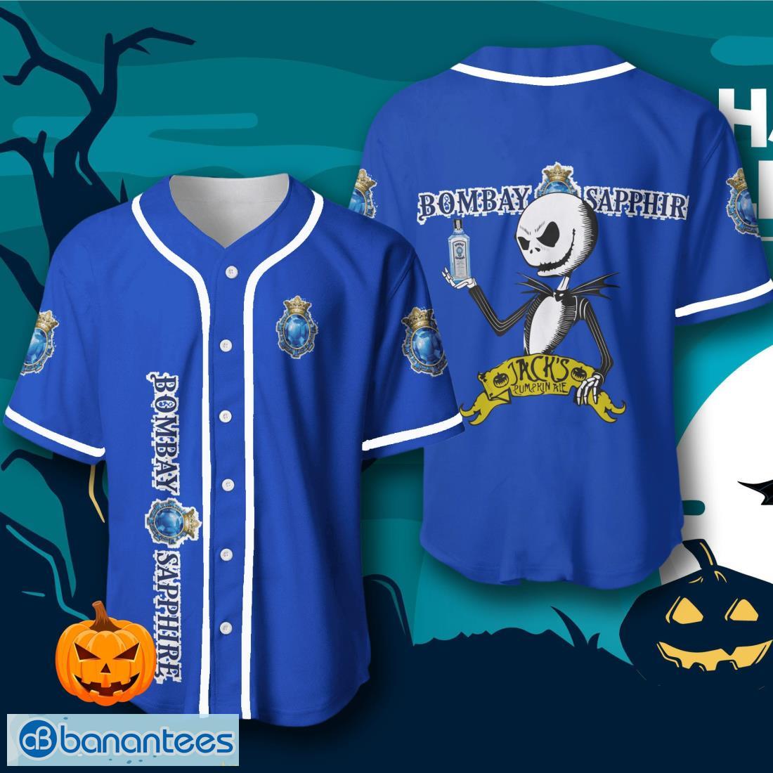 bombay sapphire halloween jack skellington nightmare baseball jersey mens womens sizes image Bombay Sapphire Halloween Jack Skellington Nightmare Baseball Jersey – Men’s & Women’s Sizes Product Photo 1