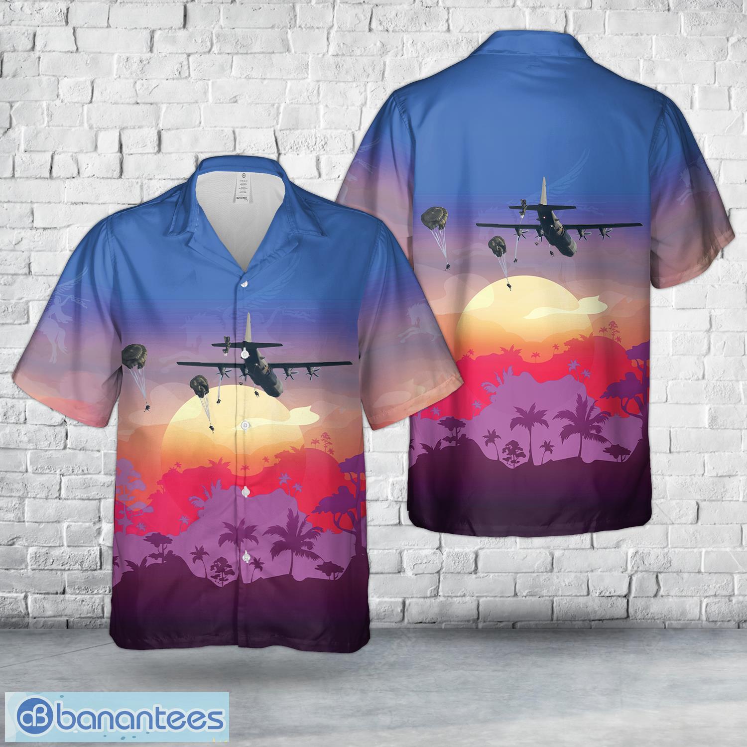british army paratroopers with 16 air assault brigade jump from a royal air force hercules aircraft over salisbury plain 3d hawaiian shirt beach team gift image British Army Paratroopers with 16 Air Assault Brigade jump from a Royal Air Force Hercules aircraft over Salisbury Plain 3D Hawaiian Shirt Beach Team Gift Product Photo 1