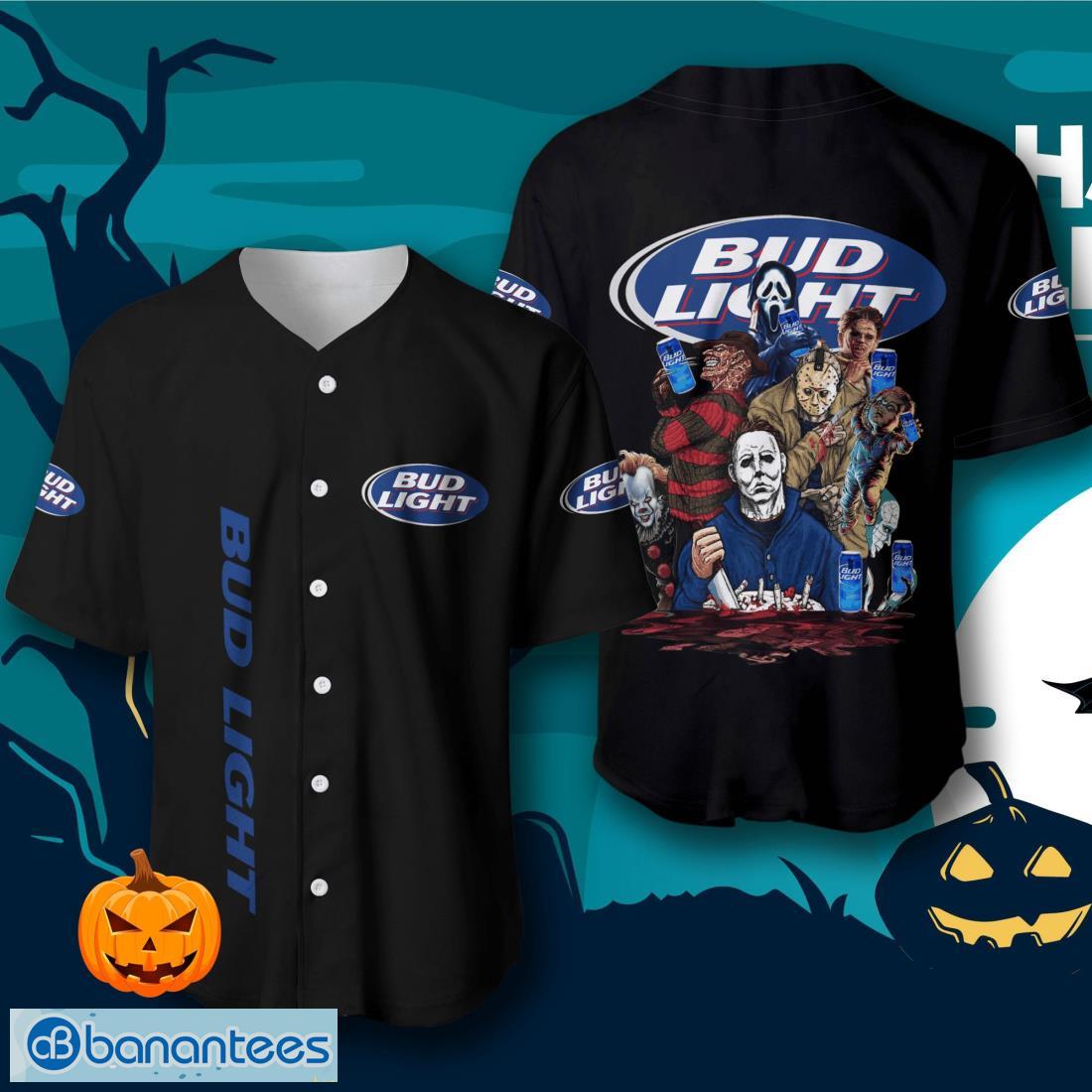 bud light beer halloween horror characters baseball jersey mens womens sizes image Bud Light Beer Halloween Horror Characters Baseball Jersey – Men’s & Women’s Sizes Product Photo 1