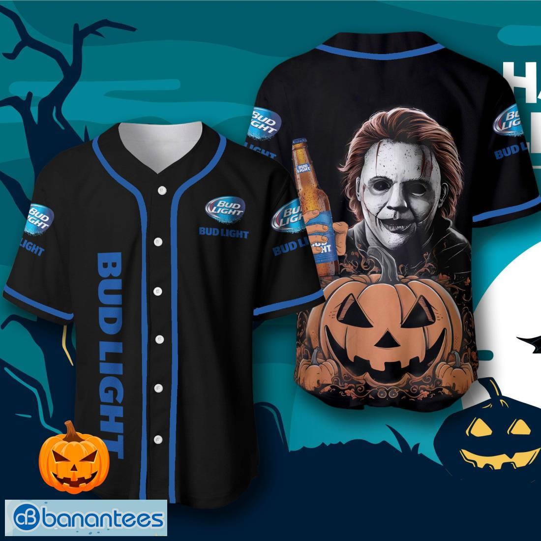 bud light michael myers halloween costume baseball jersey mens womens sizes image Bud Light Michael Myers Halloween Costume Baseball Jersey – Men’s & Women’s Sizes Product Photo 1