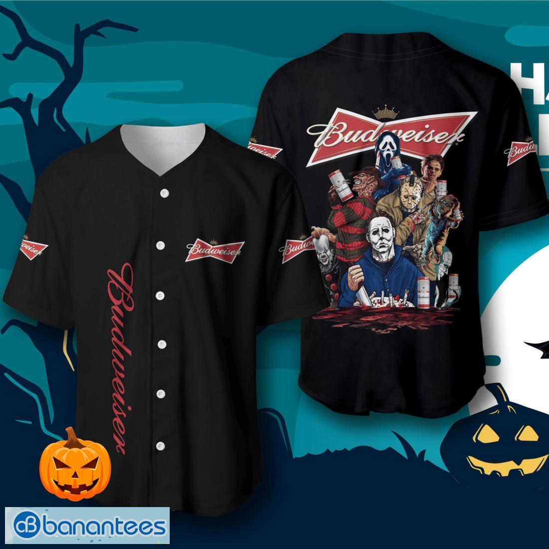 budweiser beer halloween horror characters baseball jersey mens womens sizes image Budweiser Beer Halloween Horror Characters Baseball Jersey – Men’s & Women’s Sizes Product Photo 1