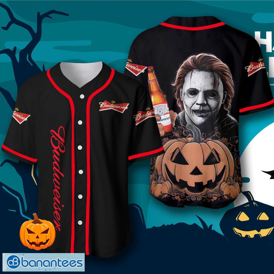 budweiser michael myers halloween costume baseball jersey mens womens sizes image Budweiser Michael Myers Halloween Costume Baseball Jersey – Men’s & Women’s Sizes Product Photo 1