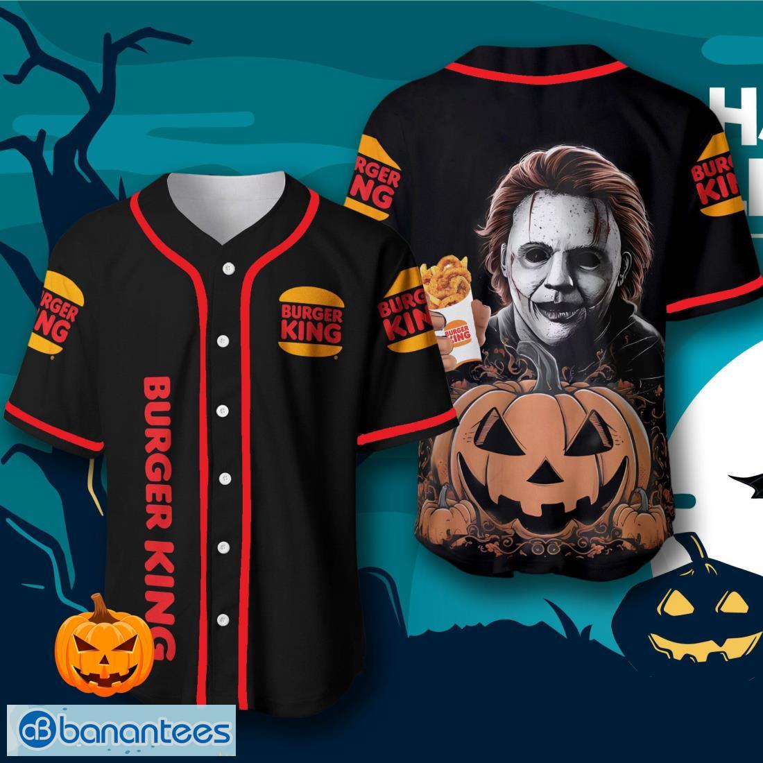 burger king michael myers halloween costume baseball jersey mens womens sizes image Burger King Michael Myers Halloween Costume Baseball Jersey – Men’s & Women’s Sizes Product Photo 1