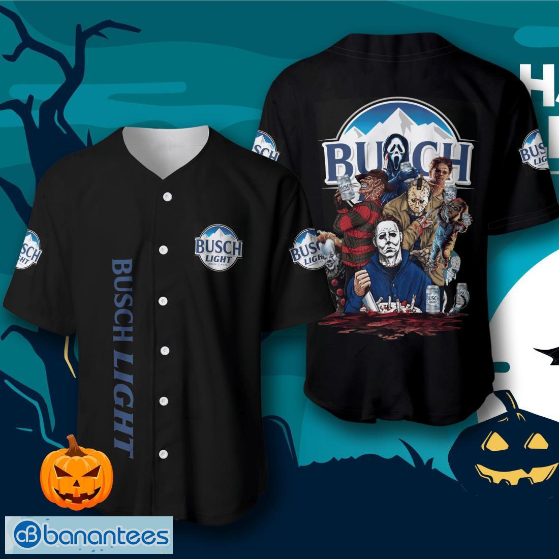 busch light halloween horror characters baseball jersey mens womens sizes image Busch Light Halloween Horror Characters Baseball Jersey – Men’s & Women’s Sizes Product Photo 1