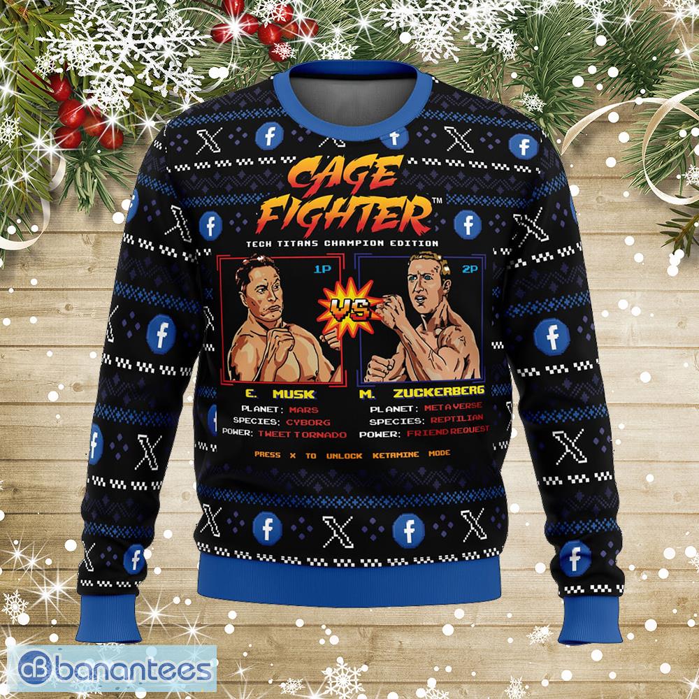 cage fighter elun mask vsmark zuckerberg funny pop culture march knitted xmas sweater gift for men and women image Cage Fighter Elun Mask vs.Mark Zuckerberg Funny Pop Culture March Knitted Xmas Sweater Gift For Men And Women - Cage Fighter Elun Mask vs.Mark Zuckerberg Funny Pop Culture Ugly Christmas Sweater Photo_1