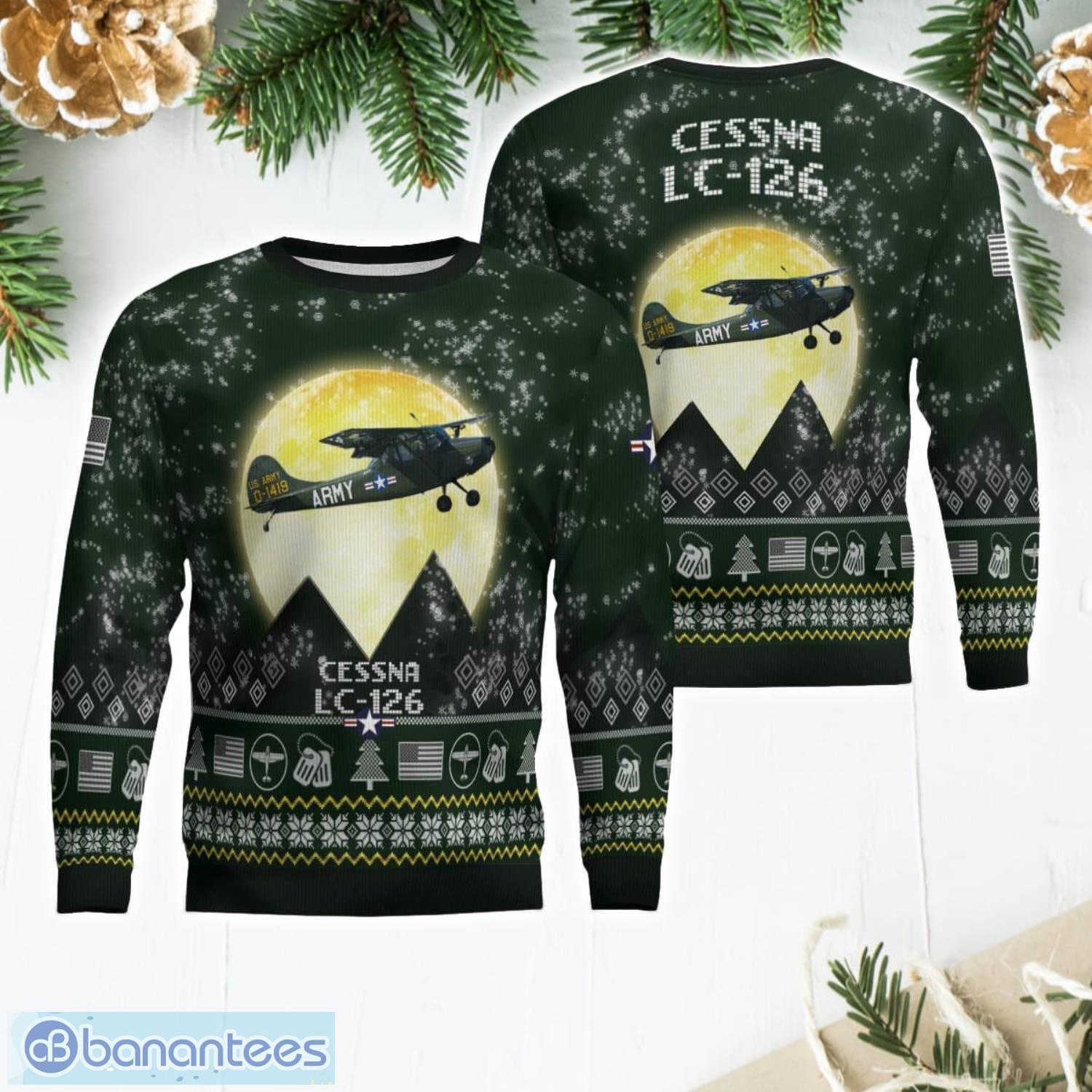 cessna lc 126 lc126 forest green color aircraft moonlight pattern 3d ugly christmas sweater image Cessna LC-126 LC126 Forest Green Color Aircraft Moonlight Pattern 3D Ugly Christmas Sweater Product Photo 1