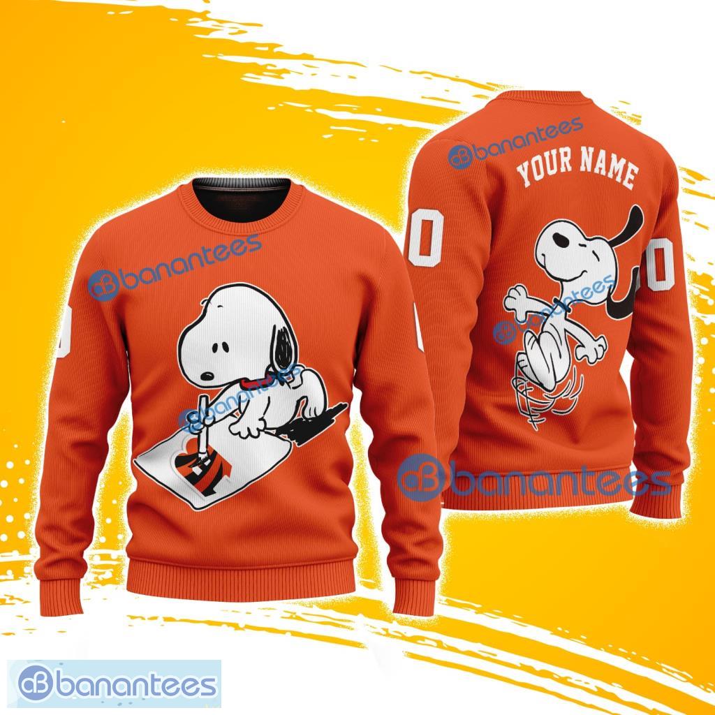 cincinnati bengals nfl snoopy happy custom name and number christmas ugly sweater 3d image Cincinnati Bengals NFL Snoopy Happy Custom Name And Number Christmas Ugly Sweater 3D Product Photo 1