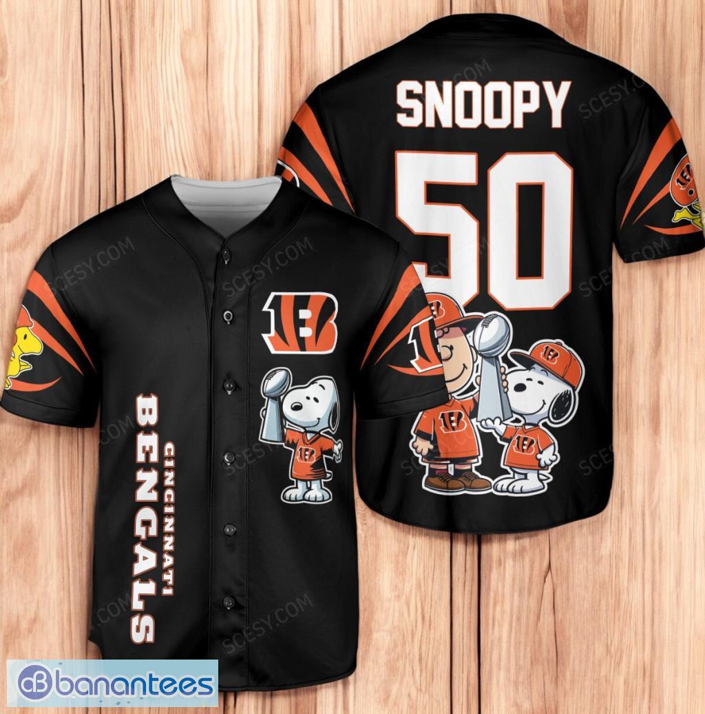 cincinnati bengals peanut snoopy champion baseball jersey shirt black limited edition image Cincinnati Bengals Peanut Snoopy Champion Baseball Jersey Shirt Black Limited Edition Product Photo 1