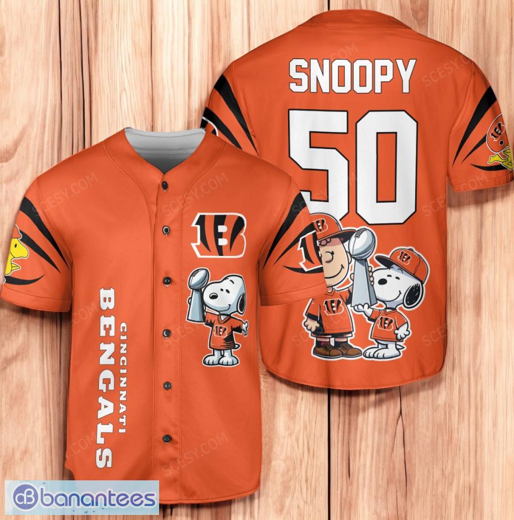 cincinnati bengals peanut snoopy champion baseball jersey shirt orange limited edition image Cincinnati Bengals Peanut Snoopy Champion Baseball Jersey Shirt Orange Limited Edition Product Photo 1