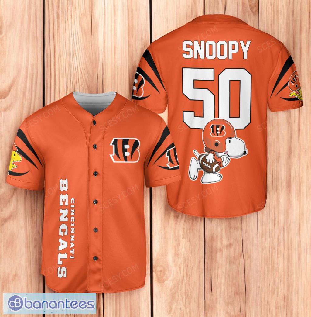 cincinnati bengals snoopy baseball jersey shirt orange limited edition image Cincinnati Bengals Snoopy Baseball Jersey Shirt Orange Limited Edition Product Photo 1