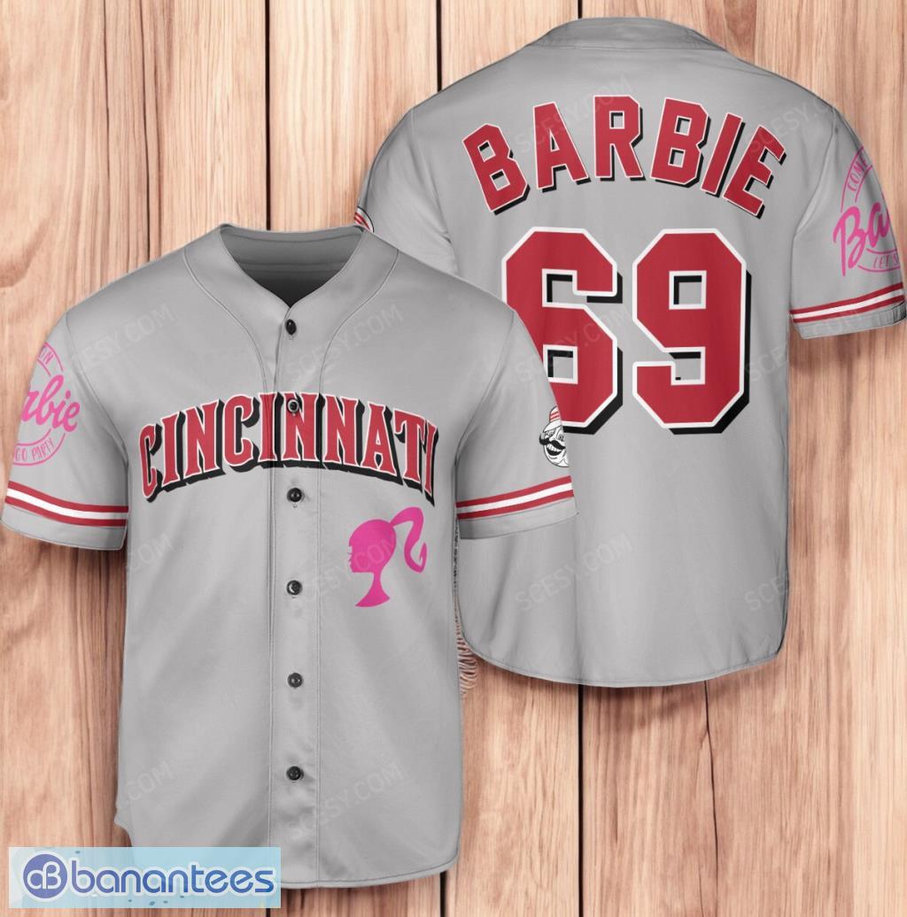 cincinnati reds barbie baseball jersey shirt gray limited edition image Cincinnati Reds Barbie Baseball Jersey Shirt Gray Limited Edition Product Photo 1