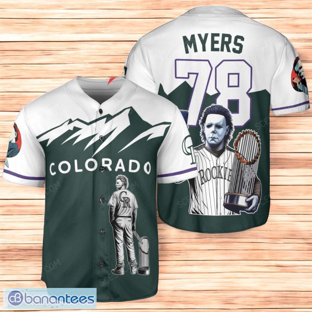 colorado rockies x halloween michael myers with trophy personalized baseball jersey shirt green limited edition custom name and number image Colorado Rockies x Halloween Michael Myers with Trophy Personalized Baseball Jersey Shirt Green Limited Edition Custom Name And Number Product Photo 1