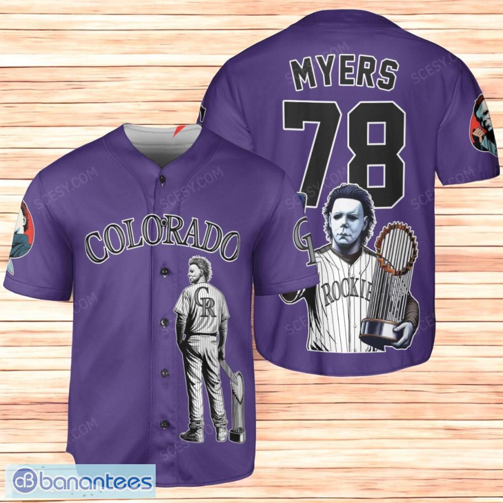 colorado rockies x halloween michael myers with trophy personalized baseball jersey shirt purple limited edition custom name and number image Colorado Rockies x Halloween Michael Myers with Trophy Personalized Baseball Jersey Shirt Purple Limited Edition Custom Name And Number Product Photo 1