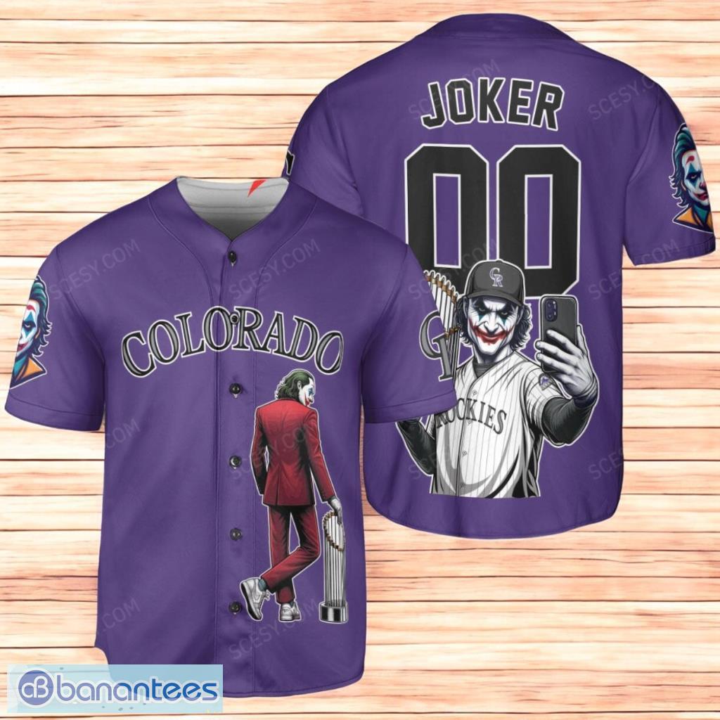 colorado rockies x joker dc comics with trophy personalized baseball jersey shirt purple limited edition custom name and number image Colorado Rockies x Joker DC Comics with Trophy Personalized Baseball Jersey Shirt Purple Limited Edition Custom Name And Number Product Photo 1