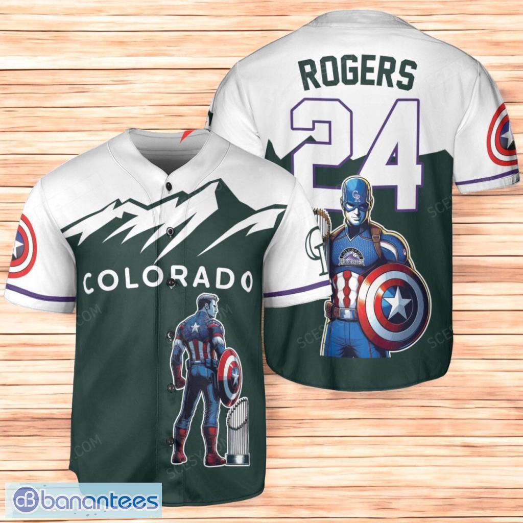 colorado rockies x marvel captain america steve rogers with trophy personalized baseball jersey shirt green limited edition custom name and number image Colorado Rockies x Marvel Captain America Steve Rogers with Trophy Personalized Baseball Jersey Shirt Green Limited Edition Custom Name And Number Product Photo 1