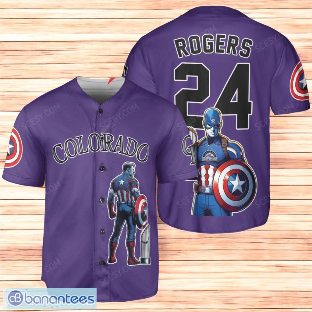colorado rockies x marvel captain america steve rogers with trophy personalized baseball jersey shirt purple limited edition custom name and number image Colorado Rockies x Marvel Captain America Steve Rogers with Trophy Personalized Baseball Jersey Shirt Purple Limited Edition Custom Name And Number Product Photo 1
