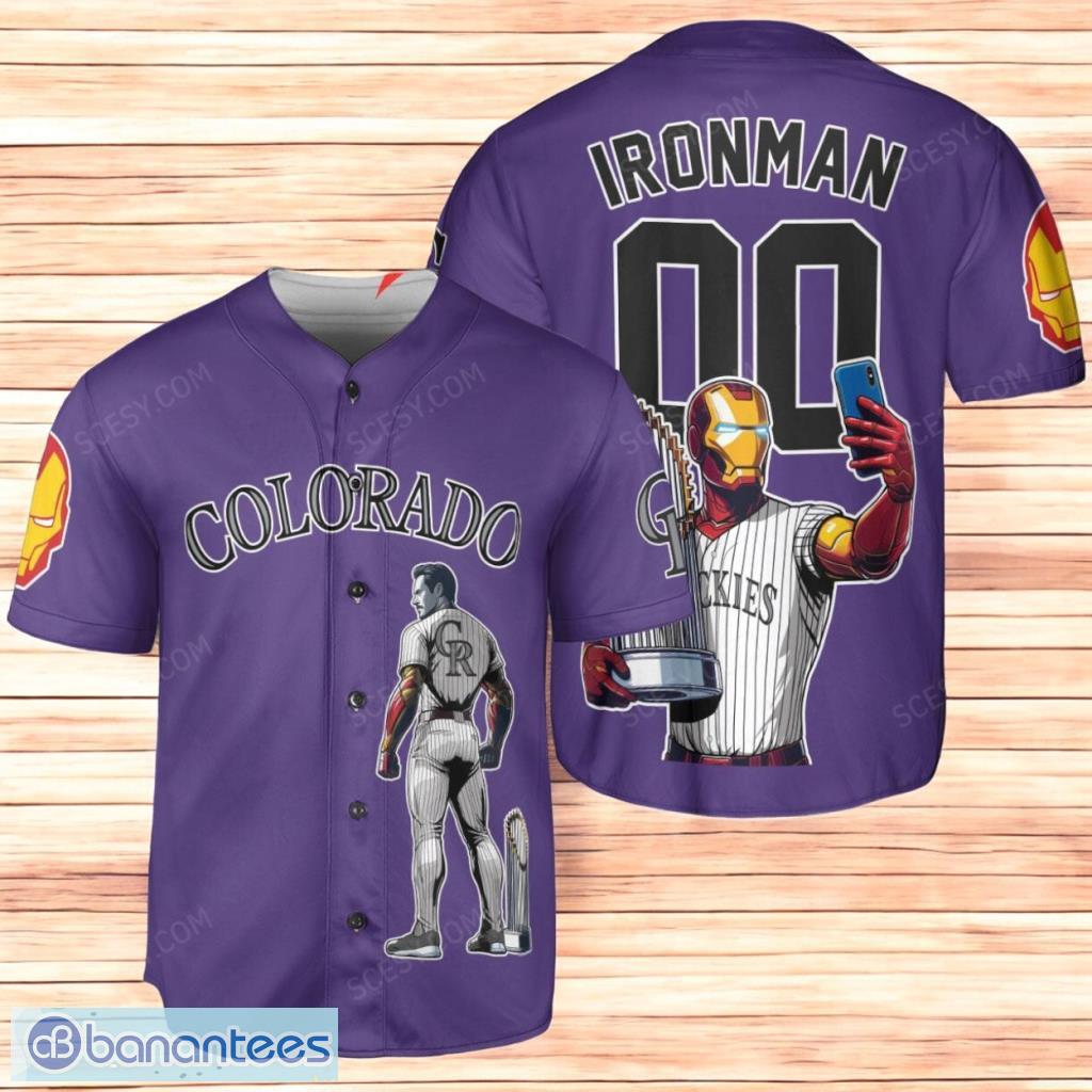colorado rockies x marvel iron man tony stark with trophy personalized baseball jersey shirt purple limited edition custom name and number image Colorado Rockies x Marvel Iron Man Tony Stark with Trophy Personalized Baseball Jersey Shirt Purple Limited Edition Custom Name And Number Product Photo 1