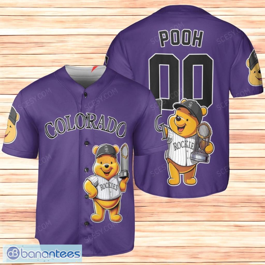colorado rockies x winnie the pooh with trophy personalized baseball jersey shirt purple limited edition image Colorado Rockies x Winnie the Pooh with Trophy Personalized Baseball Jersey Shirt Purple Limited Edition Product Photo 1