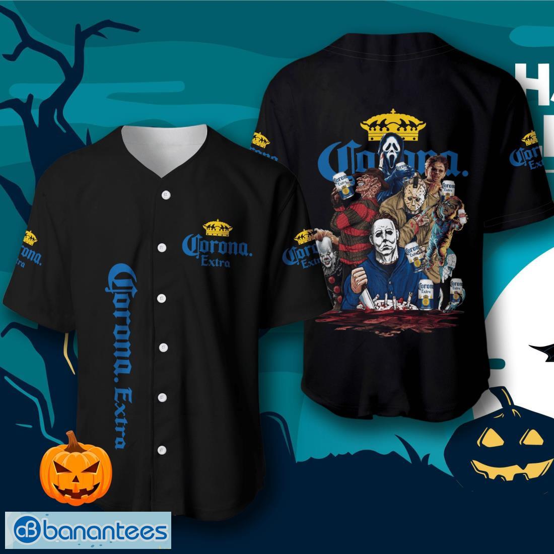 corona extra beer halloween horror characters baseball jersey mens womens sizes image Corona Extra Beer Halloween Horror Characters Baseball Jersey – Men’s & Women’s Sizes Product Photo 1