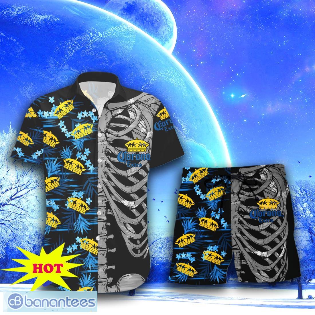 corona extra button skeleton hawaiian shirt short for men women 1 image Corona Extra Button Skeleton Hawaiian Shirt & Short For Men Women Product Photo 2
