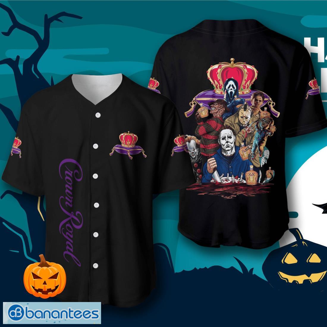 crown royal halloween horror characters baseball jersey mens womens sizes image Crown Royal Halloween Horror Characters Baseball Jersey – Men’s & Women’s Sizes Product Photo 1