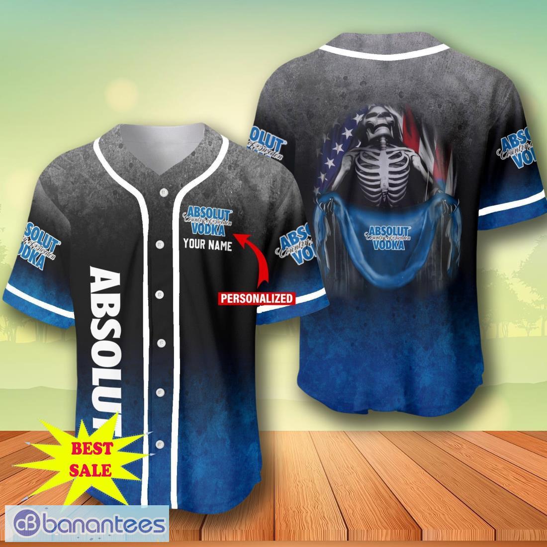 custom name absolut vodka skull usa flag baseball jersey for men and women image Custom Name Absolut Vodka Skull USA Flag Baseball Jersey For Men And Women Product Photo 1