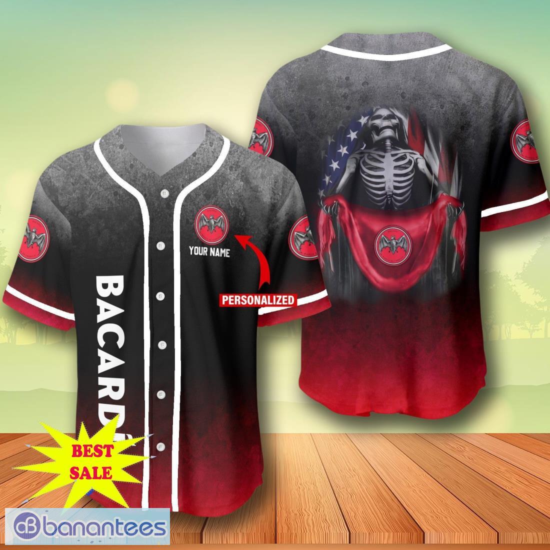 custom name bacardi skull usa flag baseball jersey for men and women image Custom Name Bacardi Skull USA Flag Baseball Jersey For Men And Women Product Photo 1