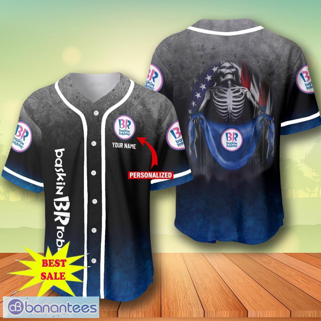 custom name baskin robbins skull usa flag baseball jersey for men and women image Custom Name Baskin Robbins Skull USA Flag Baseball Jersey For Men And Women Product Photo 1