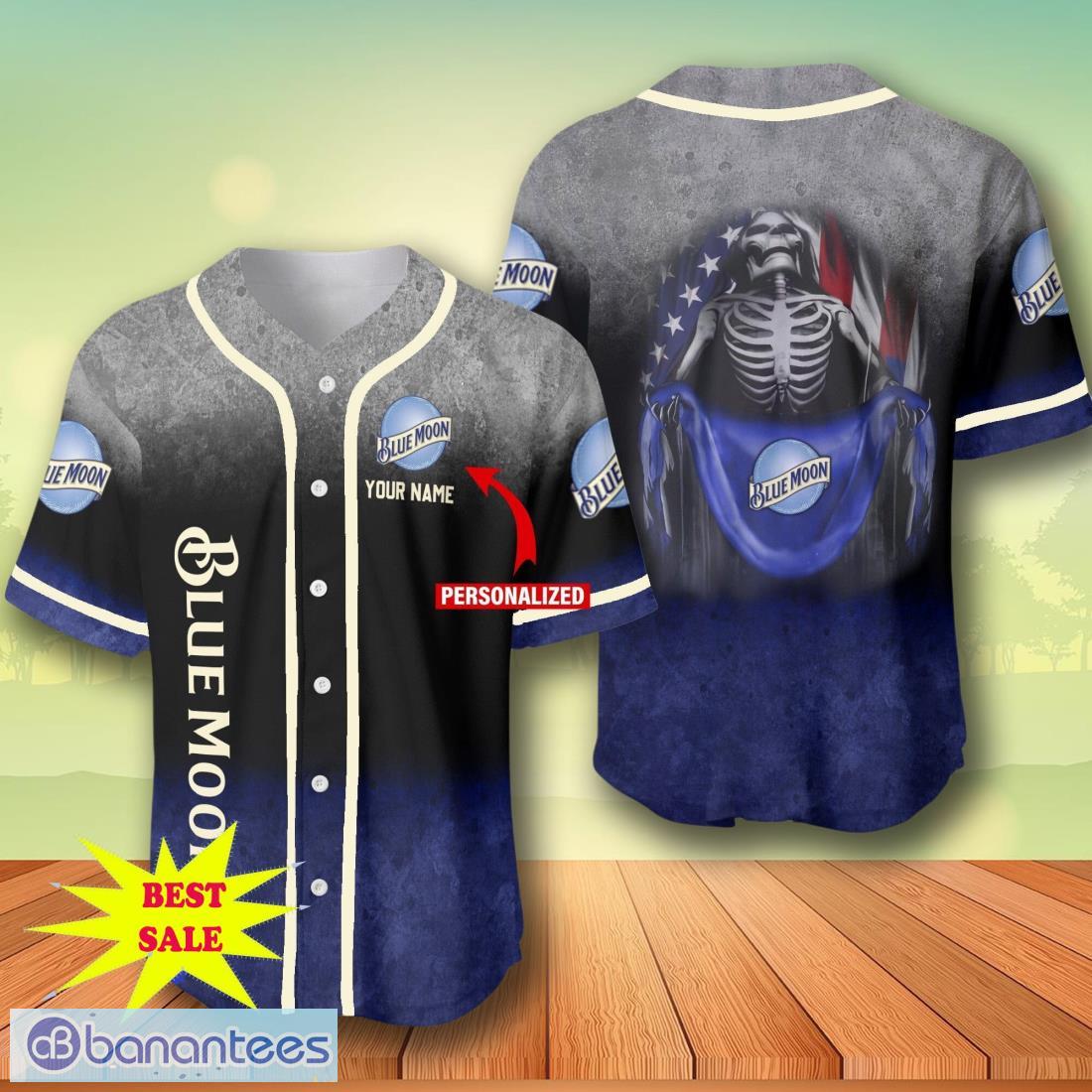 custom name blue moon skull usa flag baseball jersey for men and women image Custom Name Blue Moon Skull USA Flag Baseball Jersey For Men And Women Product Photo 1