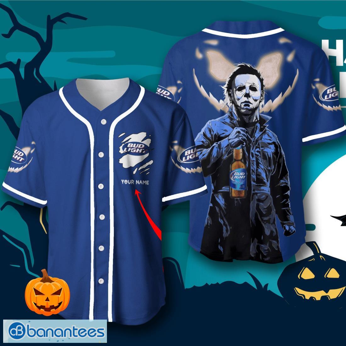 custom name bud light halloween baseball jersey mens womens sizes image Custom Name Bud Light Halloween Baseball Jersey – Men’s & Women’s Sizes Product Photo 1