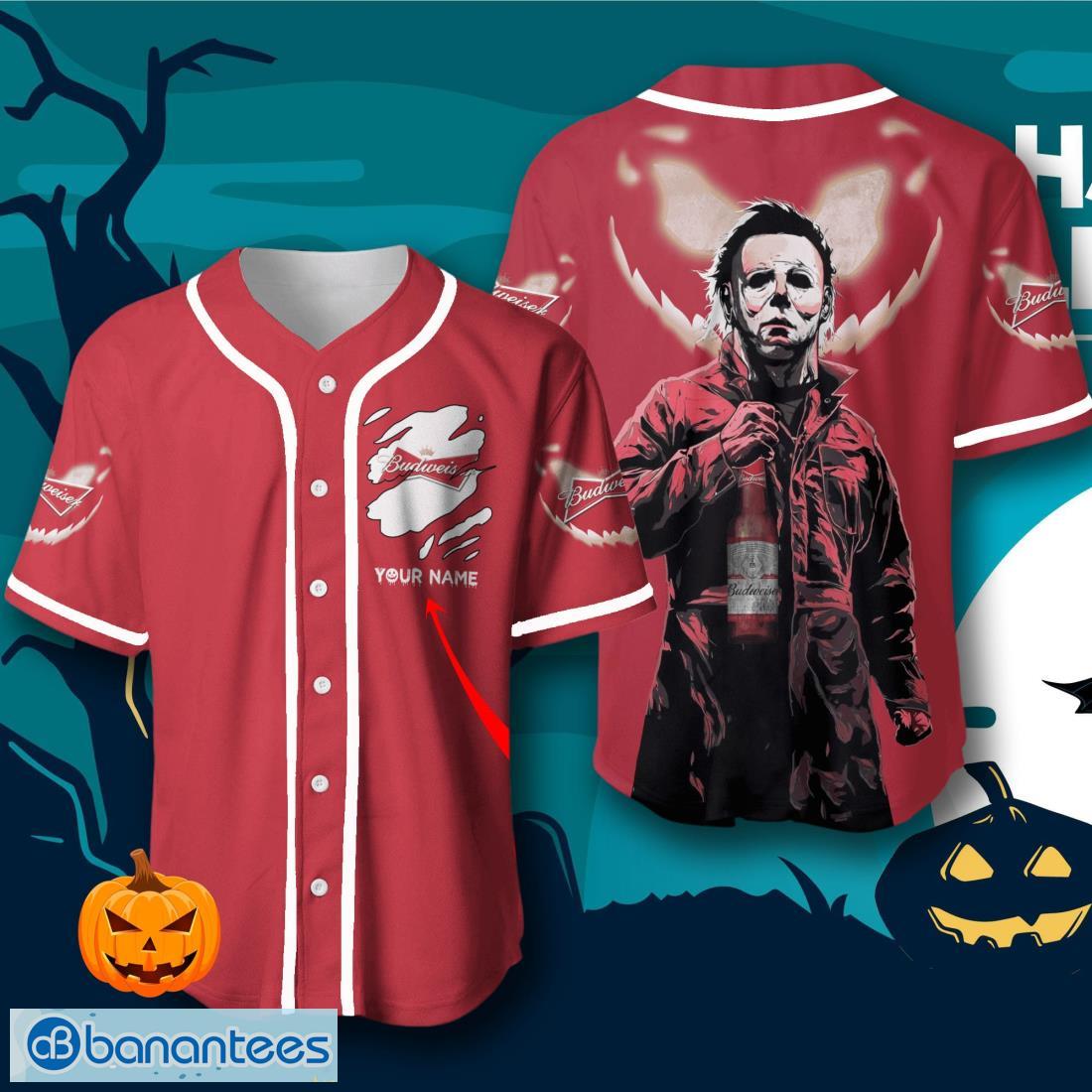 custom name budweiser halloween baseball jersey mens womens sizes image Custom Name Budweiser Halloween Baseball Jersey – Men’s & Women’s Sizes Product Photo 1