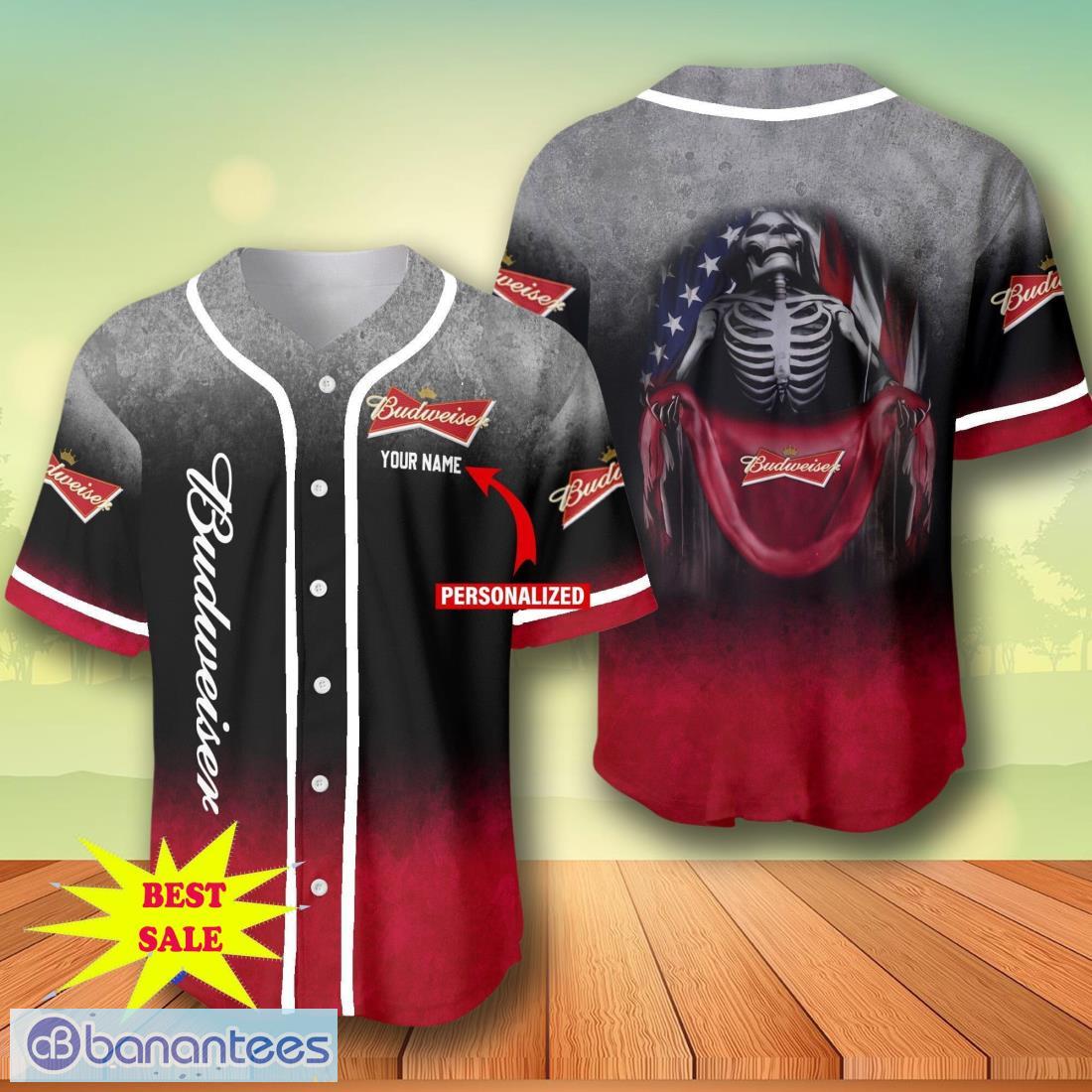 custom name budweiser skull usa flag baseball jersey for men and women image Custom Name Budweiser Skull USA Flag Baseball Jersey For Men And Women Product Photo 1