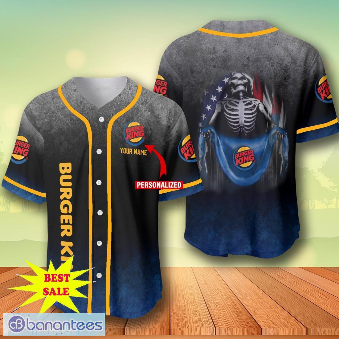 custom name burger king skull usa flag baseball jersey for men and women image Custom Name Burger King Skull USA Flag Baseball Jersey For Men And Women Product Photo 1