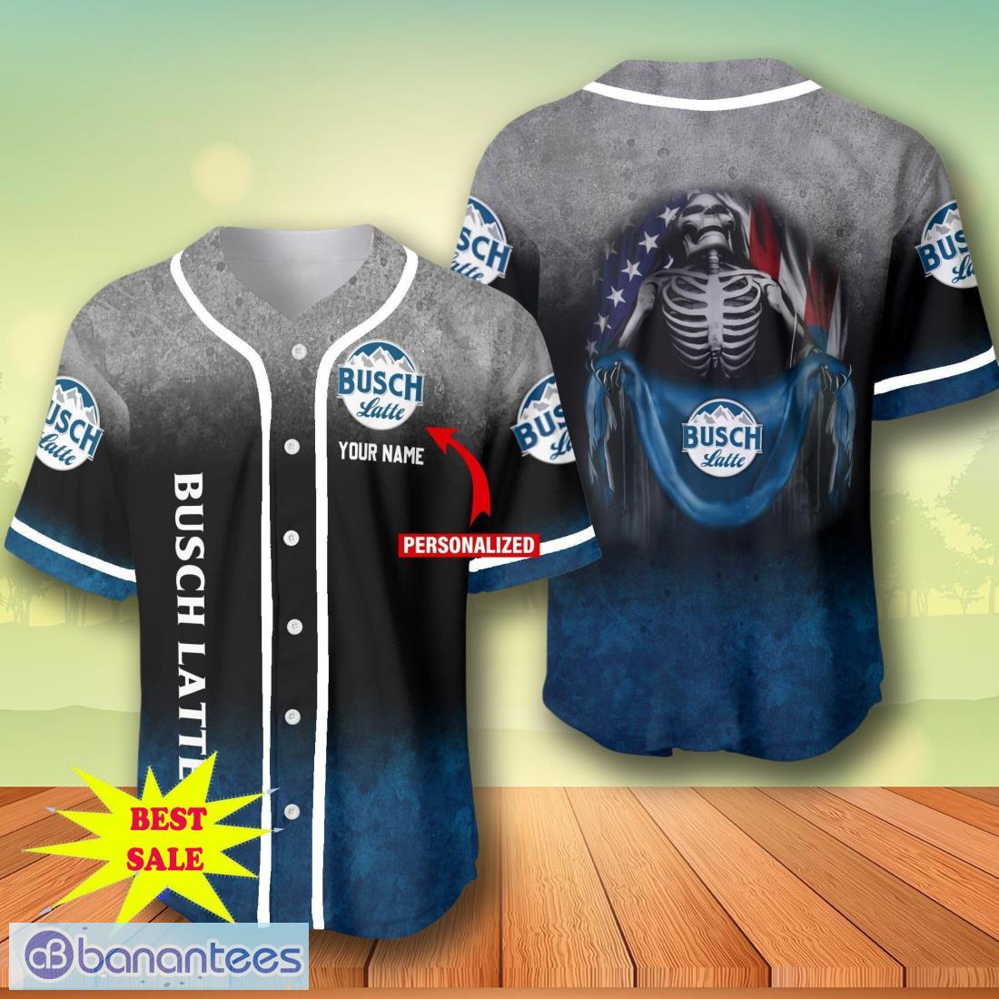 custom name busch latte skull usa flag baseball jersey for men and women image Custom Name Busch Latte Skull USA Flag Baseball Jersey For Men And Women Product Photo 1