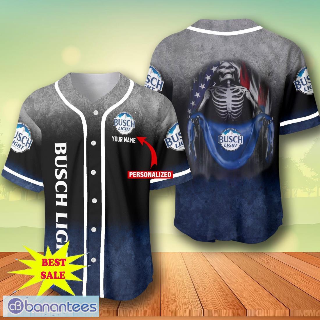custom name busch light skull usa flag baseball jersey for men and women image Custom Name Busch Light Skull USA Flag Baseball Jersey For Men And Women Product Photo 1