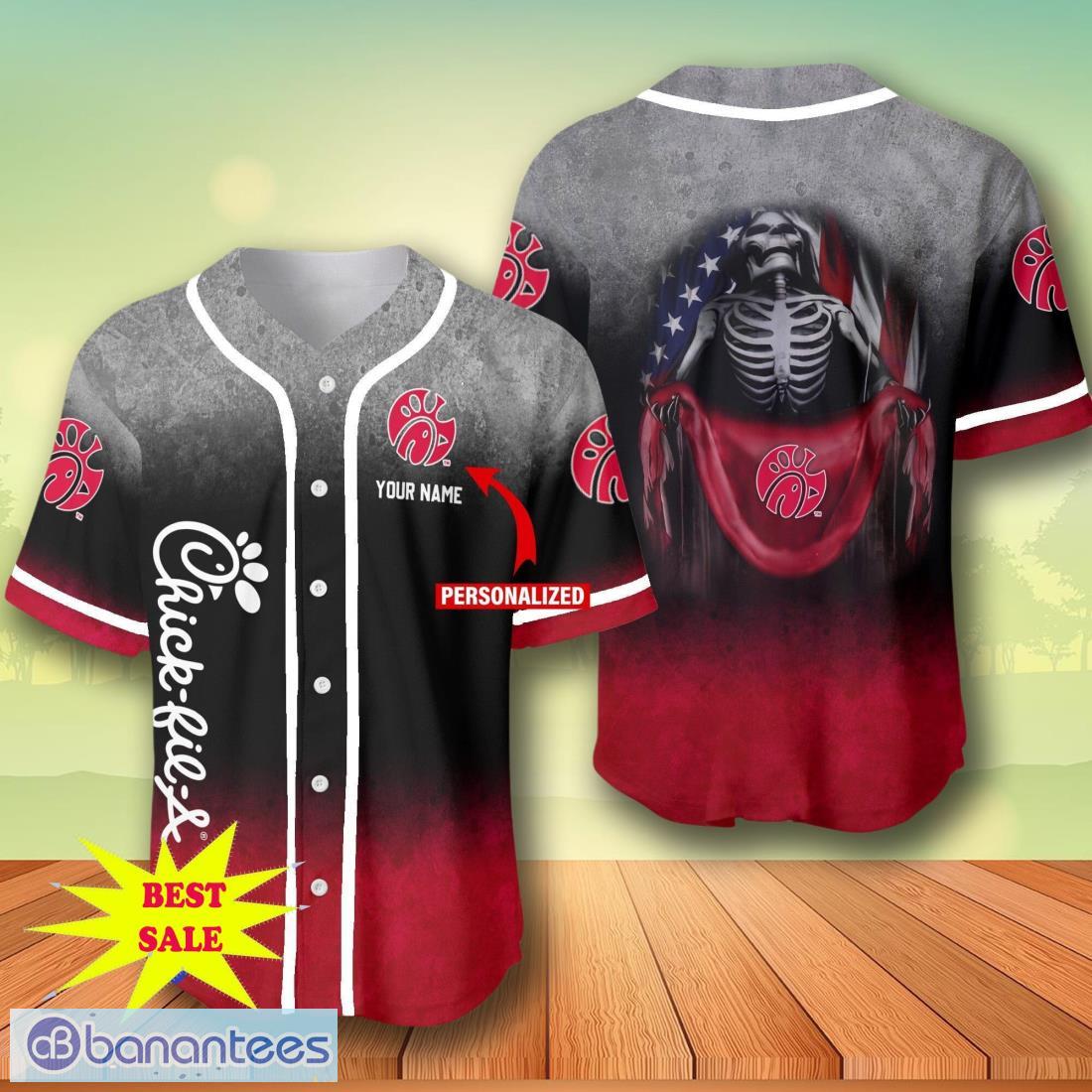 custom name chick fil a skull usa flag baseball jersey for men and women image Custom Name Chick-Fil-A Skull USA Flag Baseball Jersey For Men And Women Product Photo 1