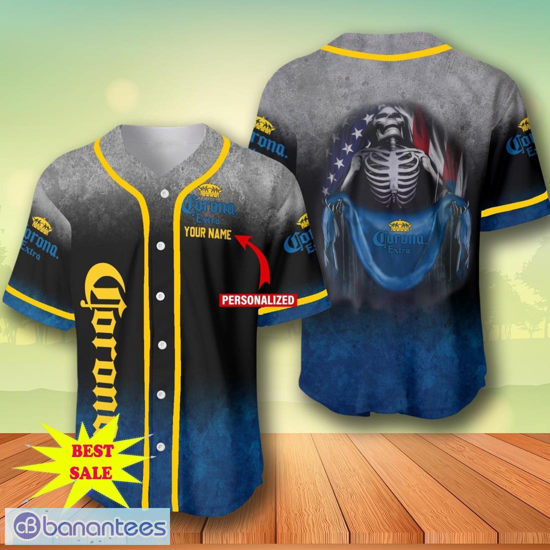 custom name corona extra skull usa flag baseball jersey for men and women image Custom Name Corona Extra Skull USA Flag Baseball Jersey For Men And Women Product Photo 1