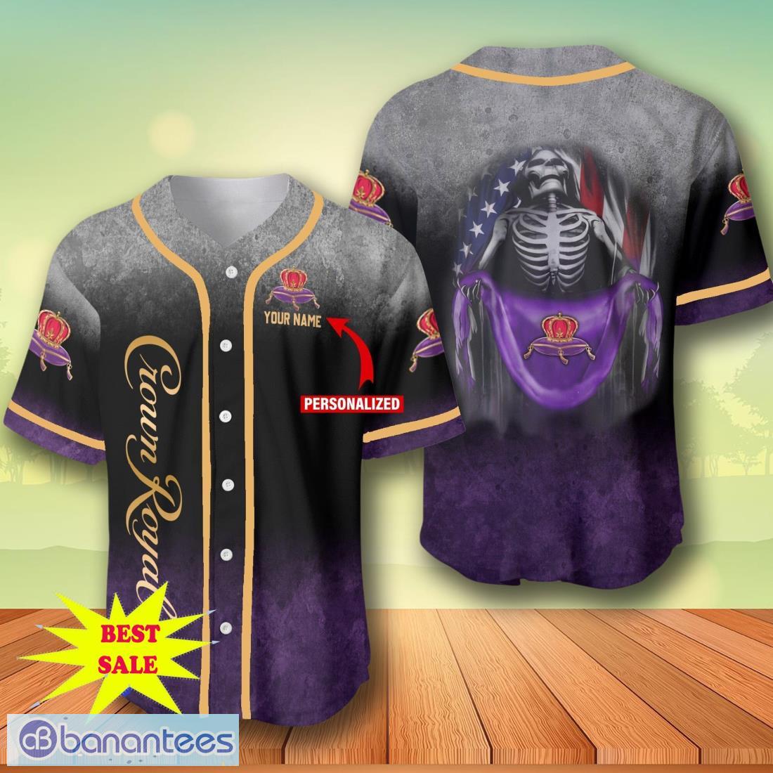 custom name crow royal skull usa flag baseball jersey for men and women image Custom Name Crow Royal Skull USA Flag Baseball Jersey For Men And Women Product Photo 1