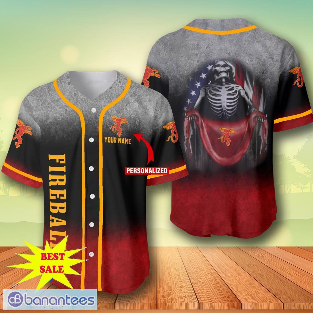 custom name fireball skull usa flag baseball jersey for men and women image Custom Name Fireball Skull USA Flag Baseball Jersey For Men And Women Product Photo 1