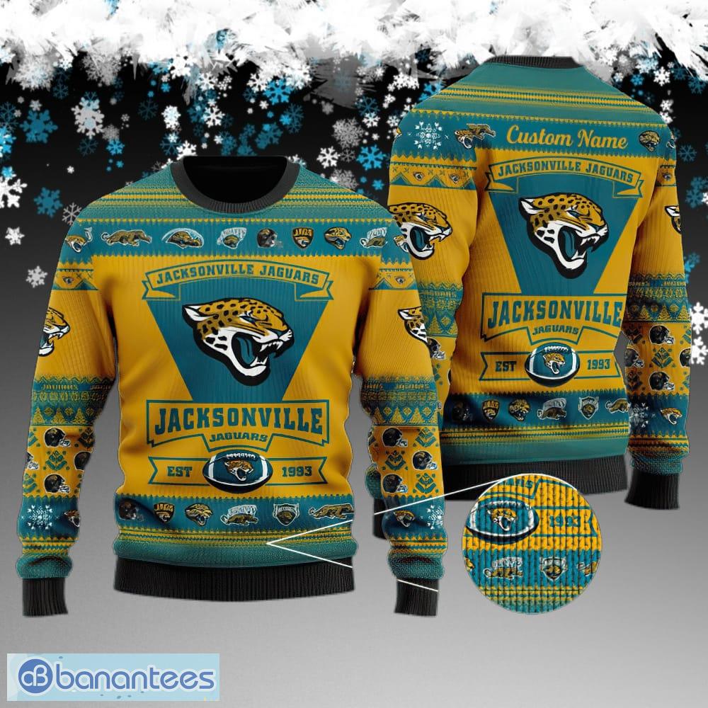custom name jacksonville jaguars football team ugly christmas sweater gift for men and women image Custom Name Jacksonville Jaguars Football Team Ugly Christmas Sweater Gift For Men And Women - Jacksonville Jaguars Football Team Ugly Christmas Sweater Gift For Men And Women