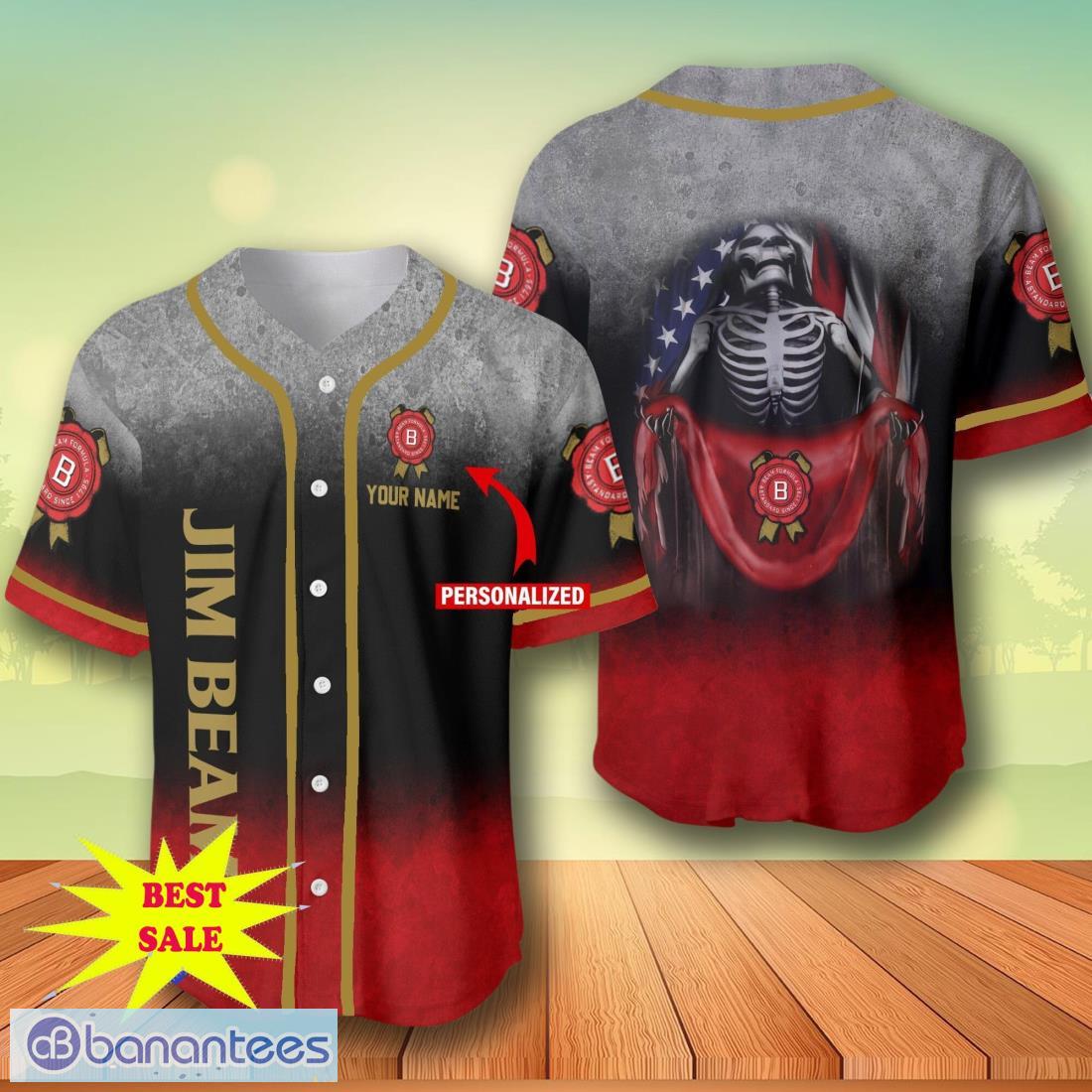 custom name jim beam skull usa flag baseball jersey for men and women image Custom Name Jim Beam Skull USA Flag Baseball Jersey For Men And Women Product Photo 1