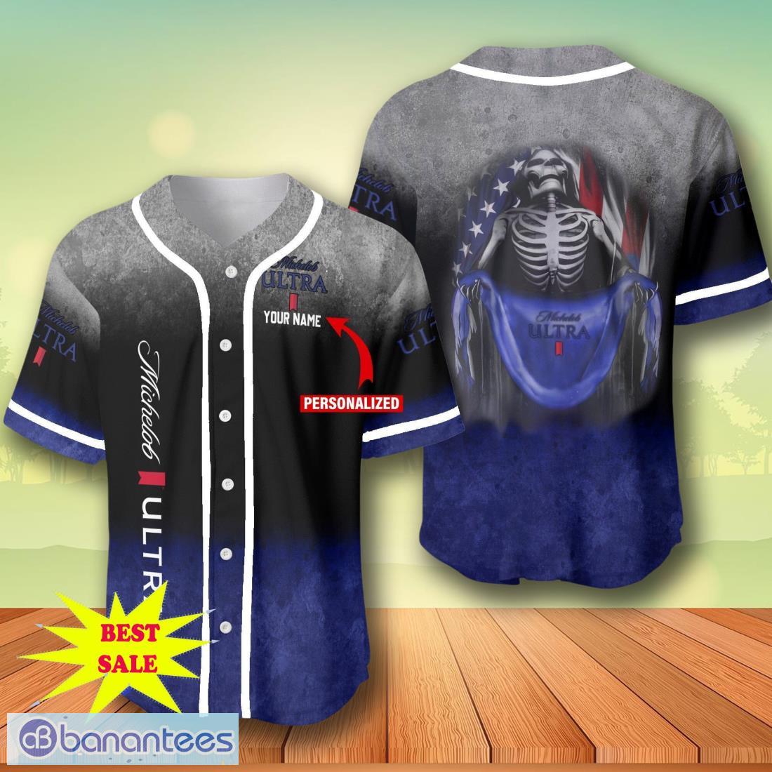 custom name michelob ultra skull usa flag baseball jersey for men and women image Custom Name Michelob Ultra Skull USA Flag Baseball Jersey For Men And Women Product Photo 1