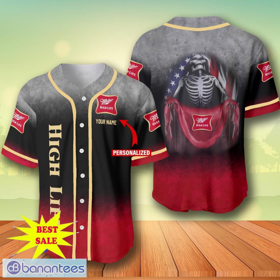 custom name miller high life skull usa flag baseball jersey for men and women image Custom Name Miller High Life Skull USA Flag Baseball Jersey For Men And Women Product Photo 1