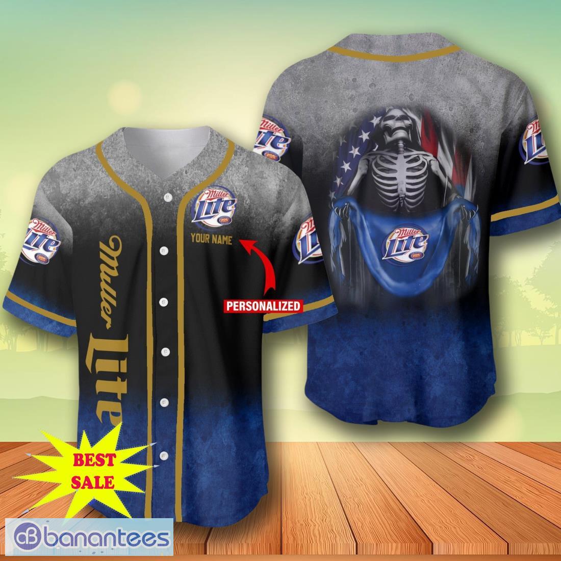 custom name miller lite skull usa flag baseball jersey for men and women image Custom Name Miller Lite Skull USA Flag Baseball Jersey For Men And Women Product Photo 1