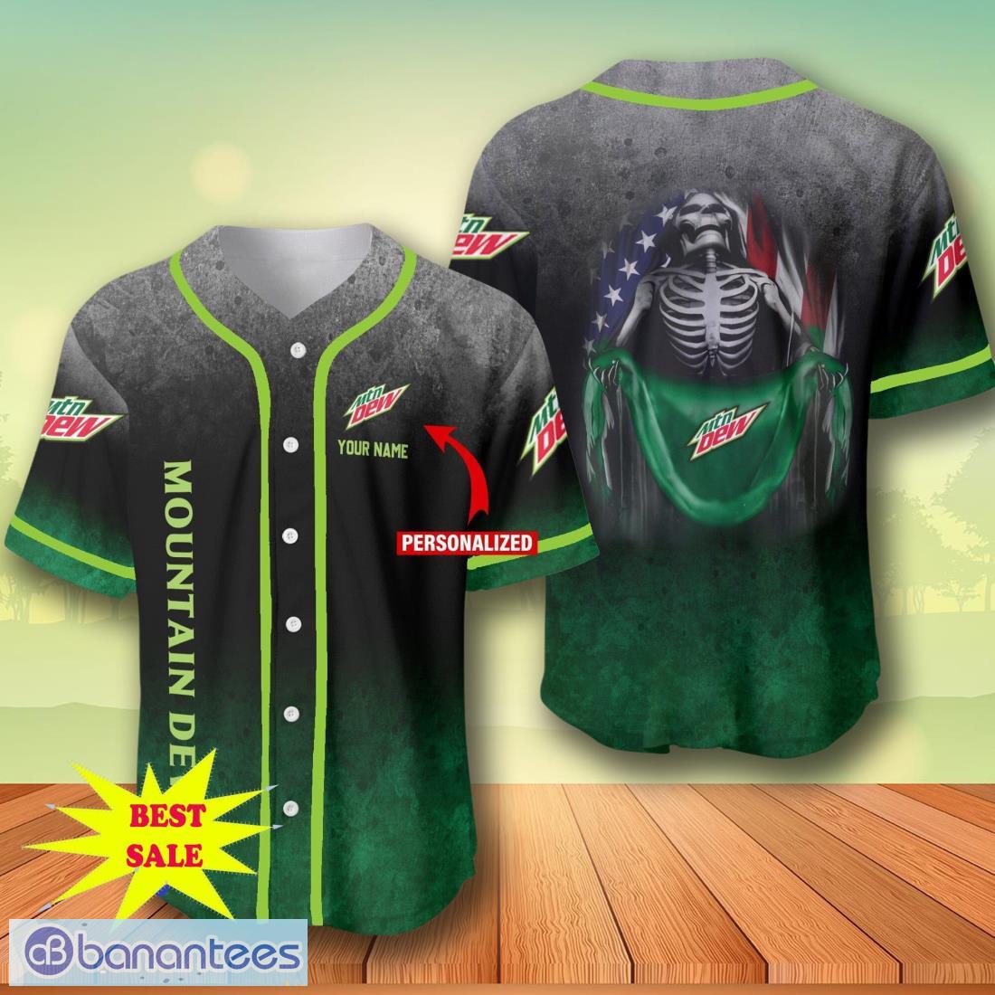 custom name mountain dew skull usa flag baseball jersey for men and women image Custom Name Mountain Dew Skull USA Flag Baseball Jersey For Men And Women Product Photo 1