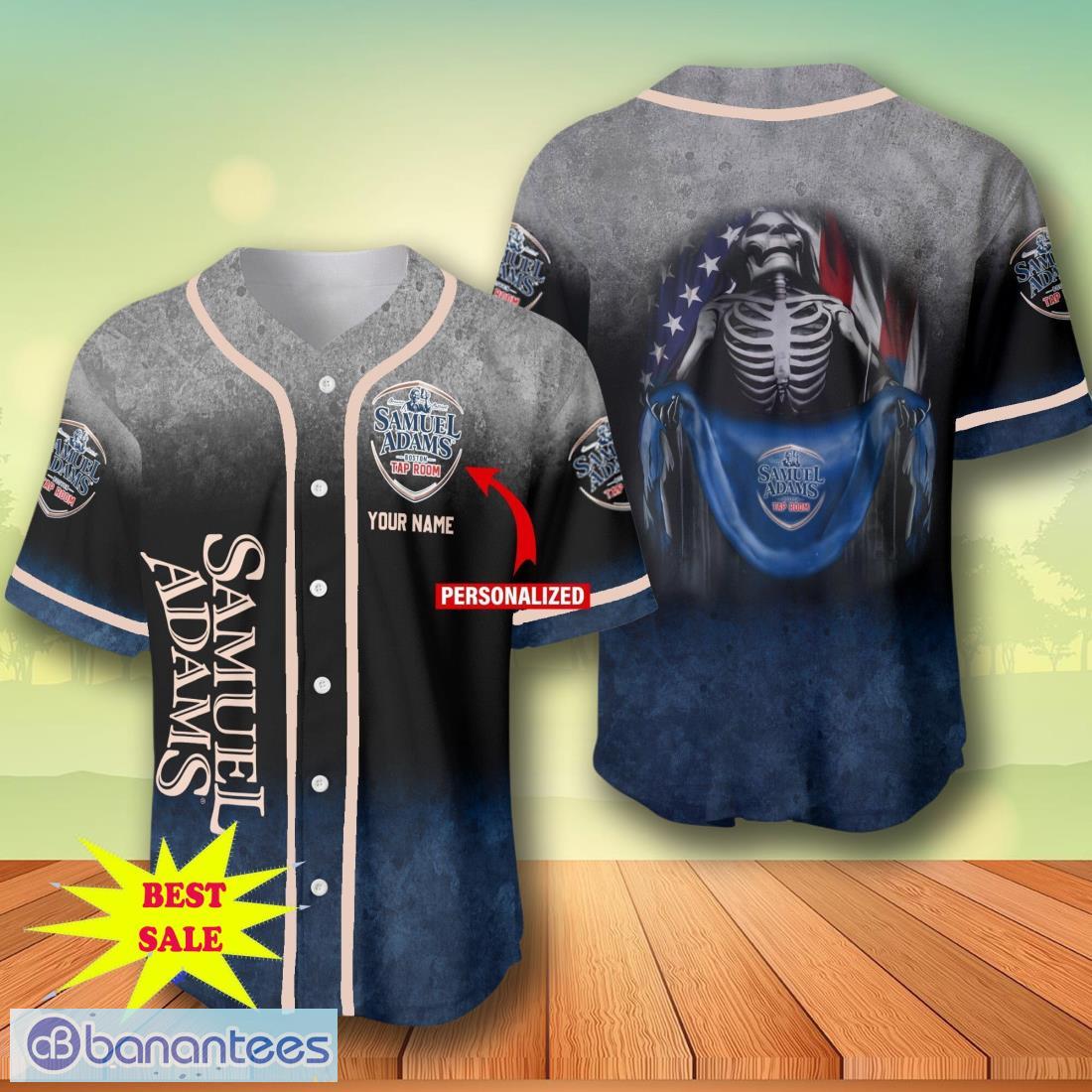 custom name samuel adams skull usa flag baseball jersey for men and women image Custom Name Samuel Adams Skull USA Flag Baseball Jersey For Men And Women Product Photo 1