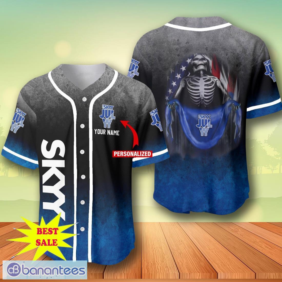 custom name skyy vodka skull usa flag baseball jersey for men and women image Custom Name SKYY Vodka Skull USA Flag Baseball Jersey For Men And Women Product Photo 1