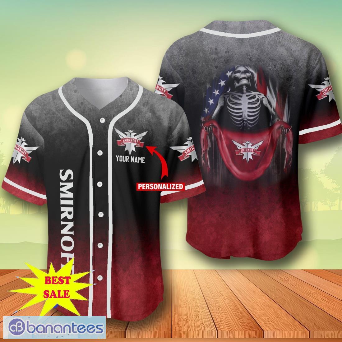 custom name smirnoff vodka skull usa flag baseball jersey for men and women image Custom Name Smirnoff Vodka Skull USA Flag Baseball Jersey For Men And Women Product Photo 1