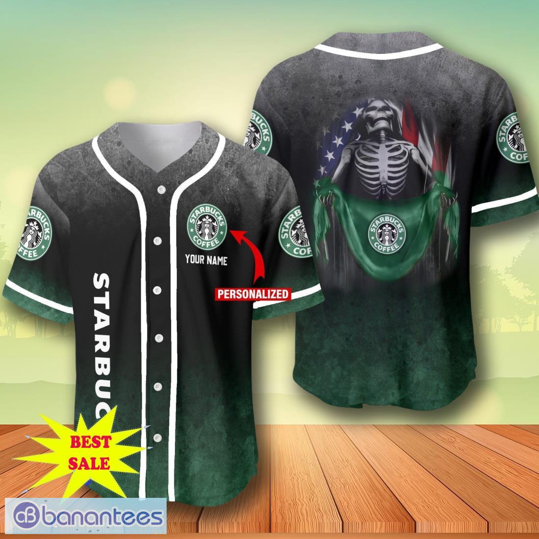 custom name starbucks skull usa flag baseball jersey for men and women image Custom Name Starbucks Skull USA Flag Baseball Jersey For Men And Women Product Photo 1