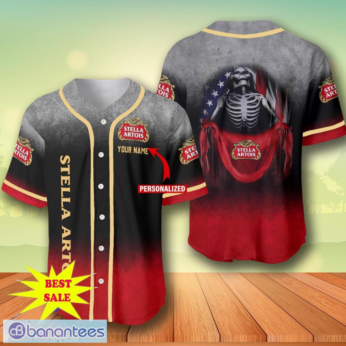 custom name stella artois skull usa flag baseball jersey for men and women image Custom Name Stella Artois Skull USA Flag Baseball Jersey For Men And Women Product Photo 1